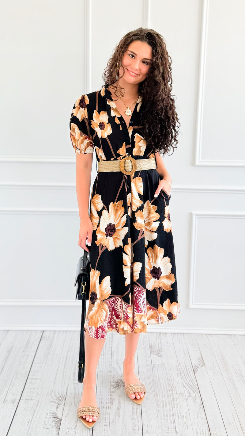 Capri Blossom Belted Italian Midi Dress-200 Dresses/Jumpsuits/Rompers-AZUL MONACO-Coastal Bloom Boutique, find the trendiest versions of the popular styles and looks Located in Indialantic, FL