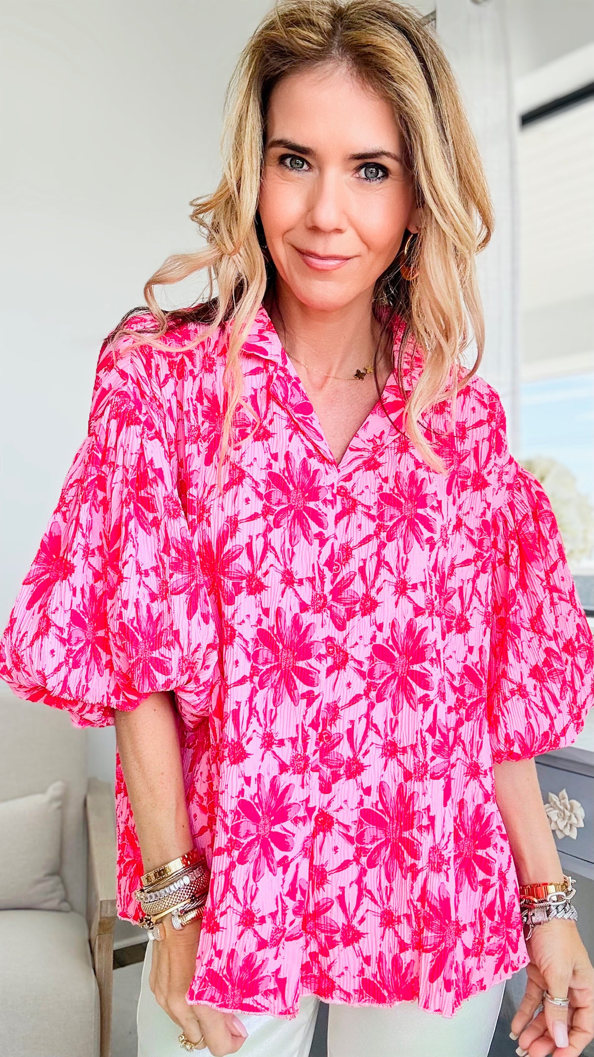 Printed Crinkled Button-Down Top-170 Bottoms-Easel-Coastal Bloom Boutique, find the trendiest versions of the popular styles and looks Located in Indialantic, FL