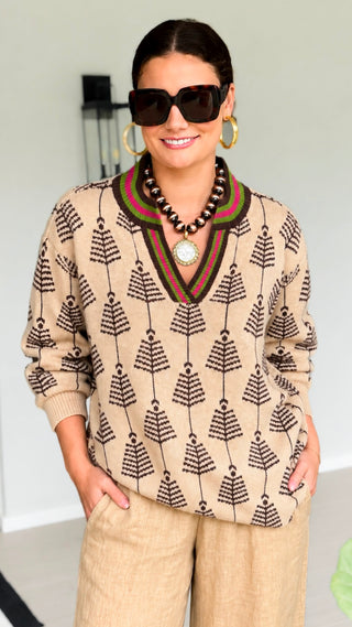 Tree Print Split Neck Top