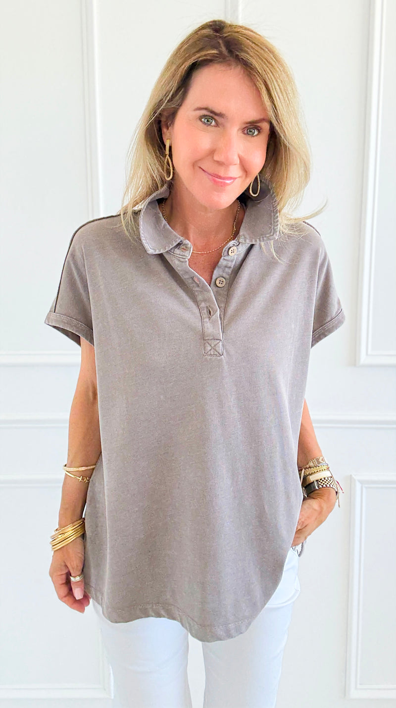 Washed Relax Polo Top - Mocha-110 Short Sleeve Tops-Rae Mode-Coastal Bloom Boutique, find the trendiest versions of the popular styles and looks Located in Indialantic, FL