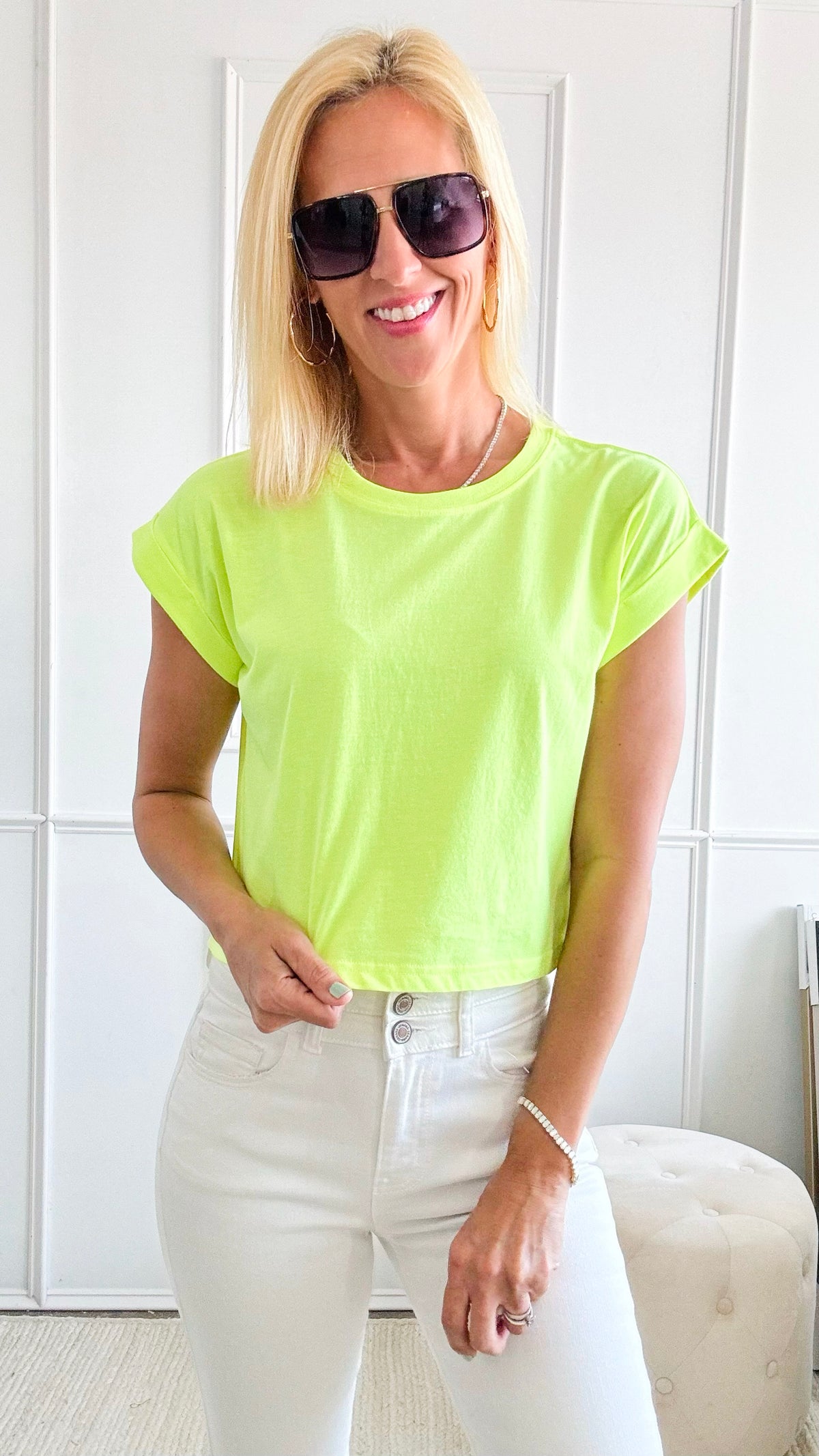 Cotton Folded Sleeve Crop Top T Shirt - Lime-110 Short Sleeve Tops-Zenana-Coastal Bloom Boutique, find the trendiest versions of the popular styles and looks Located in Indialantic, FL