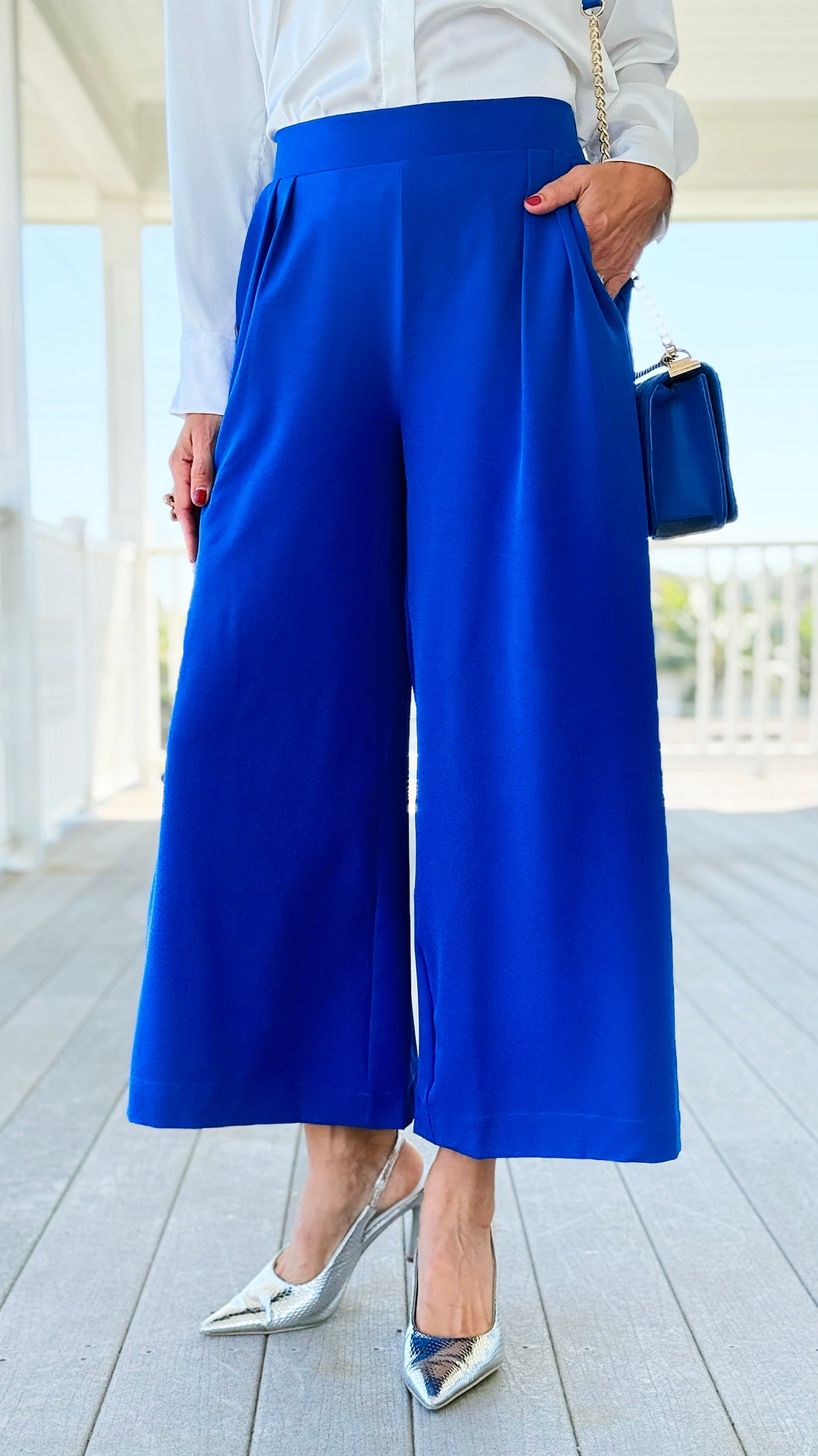 Sleek Pleated Cropped Pants - Saphire-170 Bottoms-Umgee-Coastal Bloom Boutique, find the trendiest versions of the popular styles and looks Located in Indialantic, FL