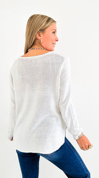 Beach Lightweight Knit V Neck - White/Aqua-140 Sweaters-Miracle-Coastal Bloom Boutique, find the trendiest versions of the popular styles and looks Located in Indialantic, FL