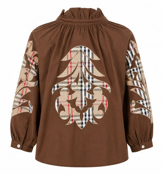 Plaid Appliqué Ruffle Neck Blouse Top - Brown