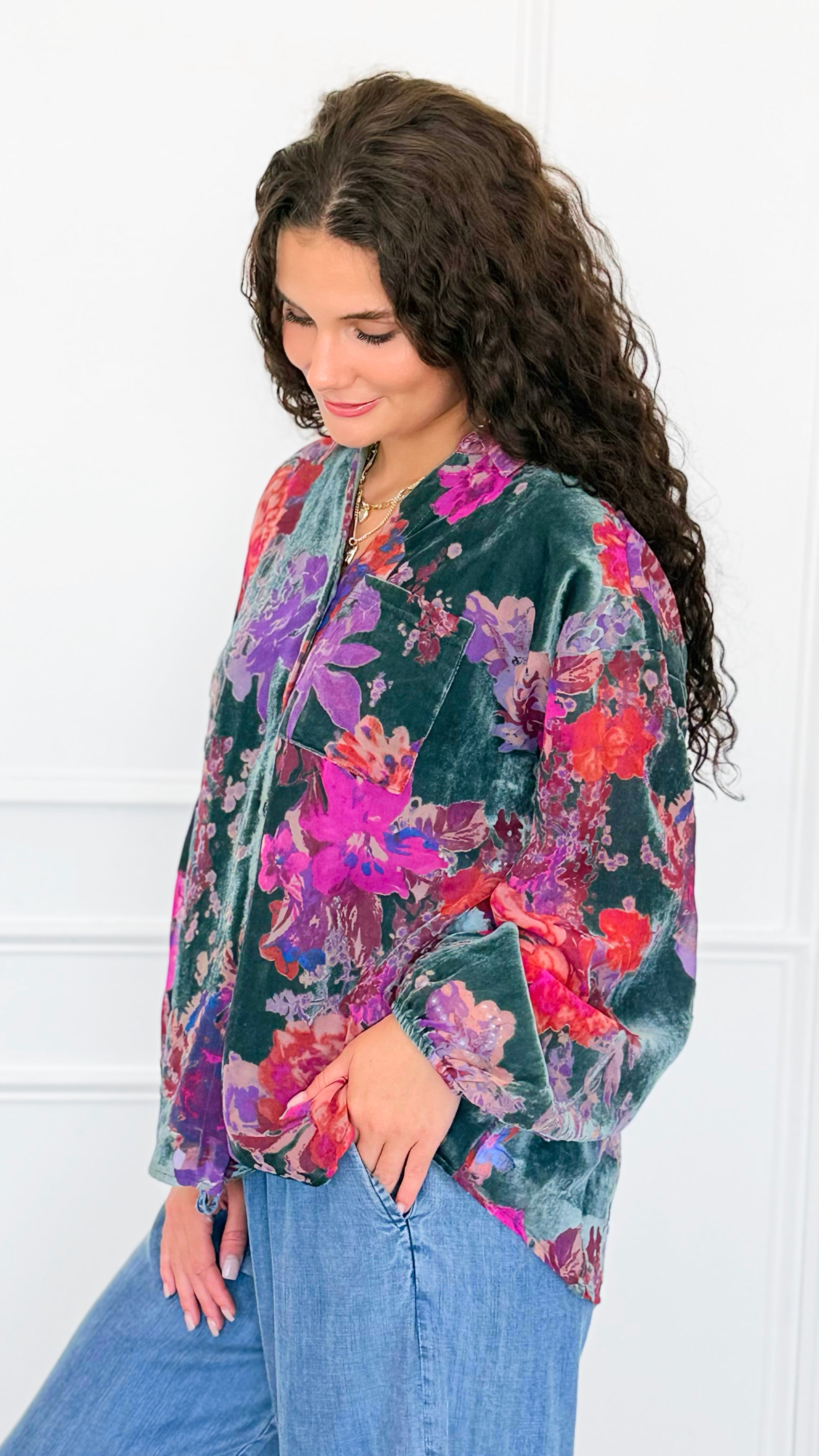 Velvet Bloom Button Down Top-130 Long Sleeve Tops-Jodifl-Coastal Bloom Boutique, find the trendiest versions of the popular styles and looks Located in Indialantic, FL