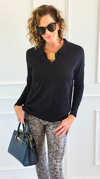 Polished Collar Knit Polo Top - Black-130 Long Sleeve Tops-ROUSSEAU-Coastal Bloom Boutique, find the trendiest versions of the popular styles and looks Located in Indialantic, FL