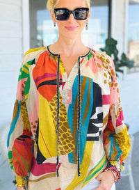 Multi Print Tie Front Blouse