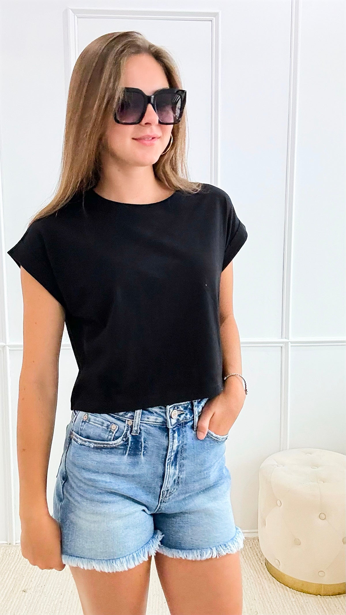 Cotton Folded Sleeve Crop Top T Shirt - Black-110 Short Sleeve Tops-Zenana-Coastal Bloom Boutique, find the trendiest versions of the popular styles and looks Located in Indialantic, FL