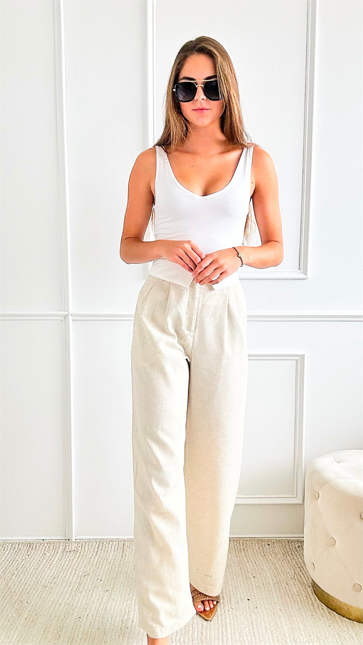 Contrast Waistband Detailing Linen Long Pants-170 Bottoms-Aakaa-Coastal Bloom Boutique, find the trendiest versions of the popular styles and looks Located in Indialantic, FL