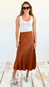 Brooklyn Italian Satin Midi Skirt - Tobacco-170 Bottoms-Italianissimo-Coastal Bloom Boutique, find the trendiest versions of the popular styles and looks Located in Indialantic, FL