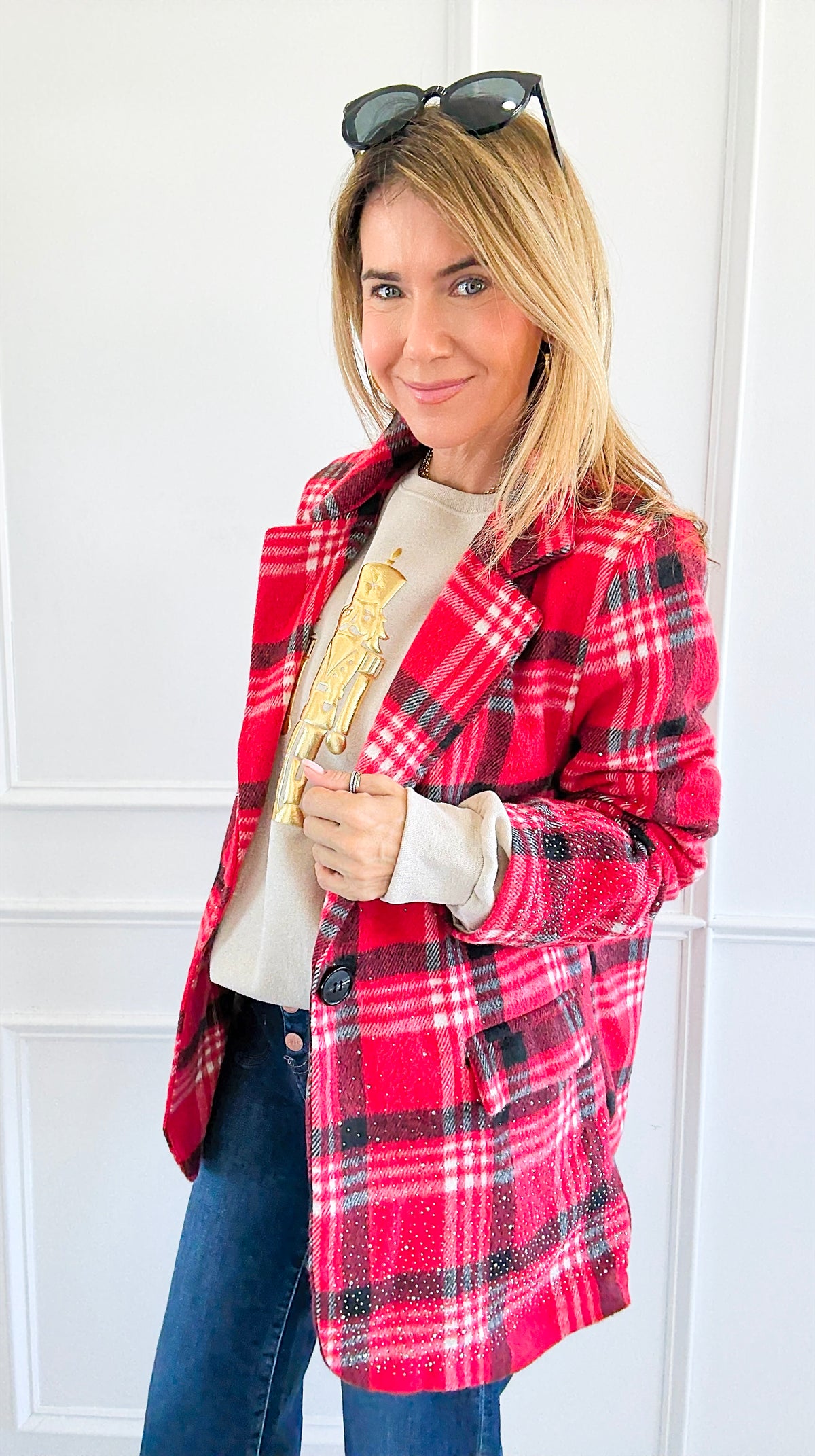 Glittering Plaid Italian Blazer-160 Jackets-TATTOO Z-Coastal Bloom Boutique, find the trendiest versions of the popular styles and looks Located in Indialantic, FL