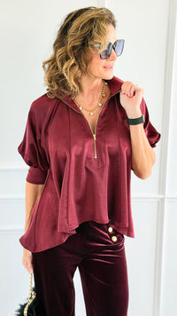 Champagne Whisper Satin Top - Burgundy-110 short Sleeve Top-GLAM-Coastal Bloom Boutique, find the trendiest versions of the popular styles and looks Located in Indialantic, FL