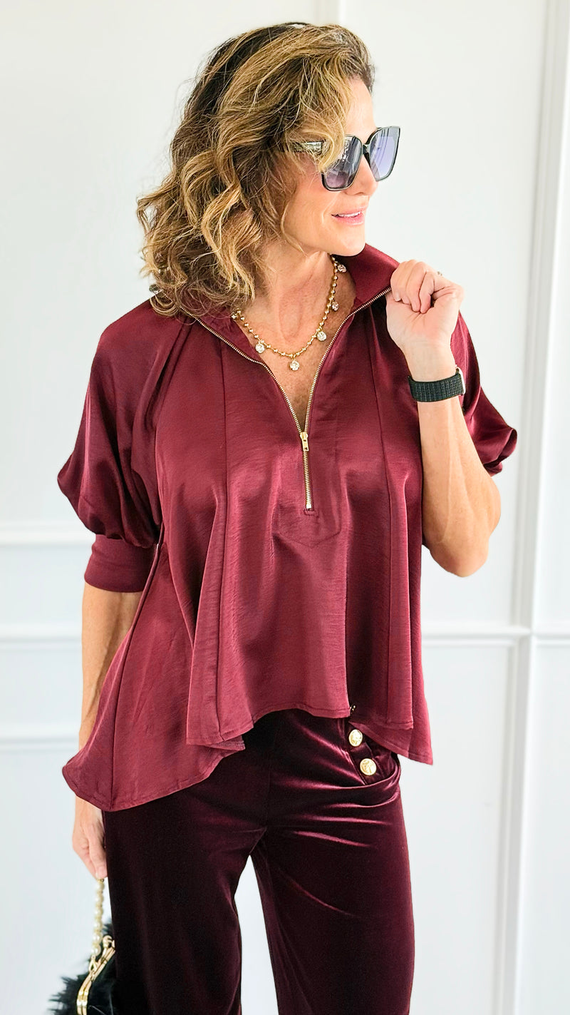 Champagne Whisper Satin Top - Burgundy-110 short Sleeve Top-GLAM-Coastal Bloom Boutique, find the trendiest versions of the popular styles and looks Located in Indialantic, FL