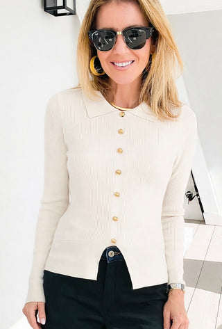 Midnight Muse Ribbed Button Trim Top - Ivory
