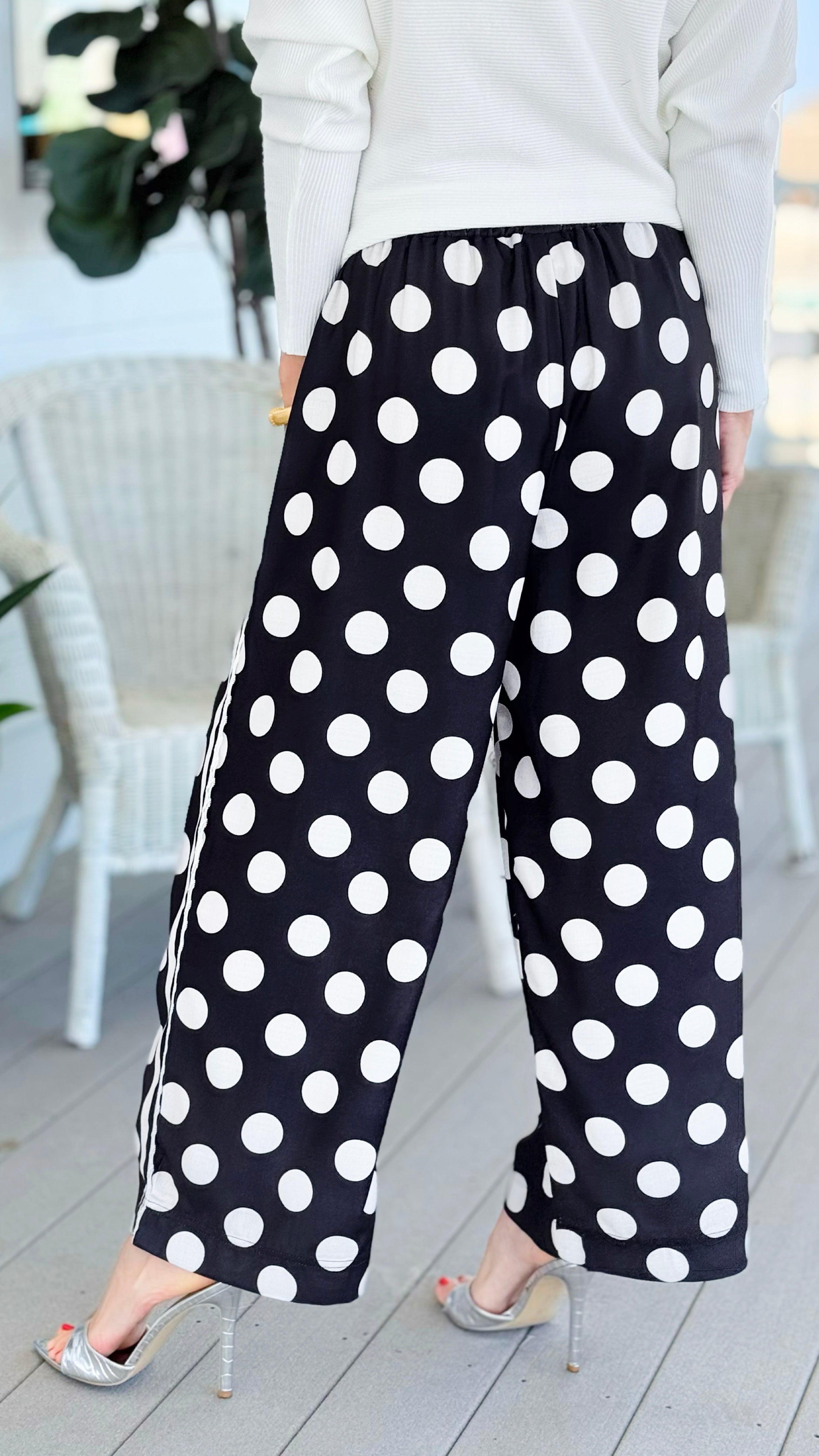 Playful Dot Lace Trim Wide Leg Pants - Black