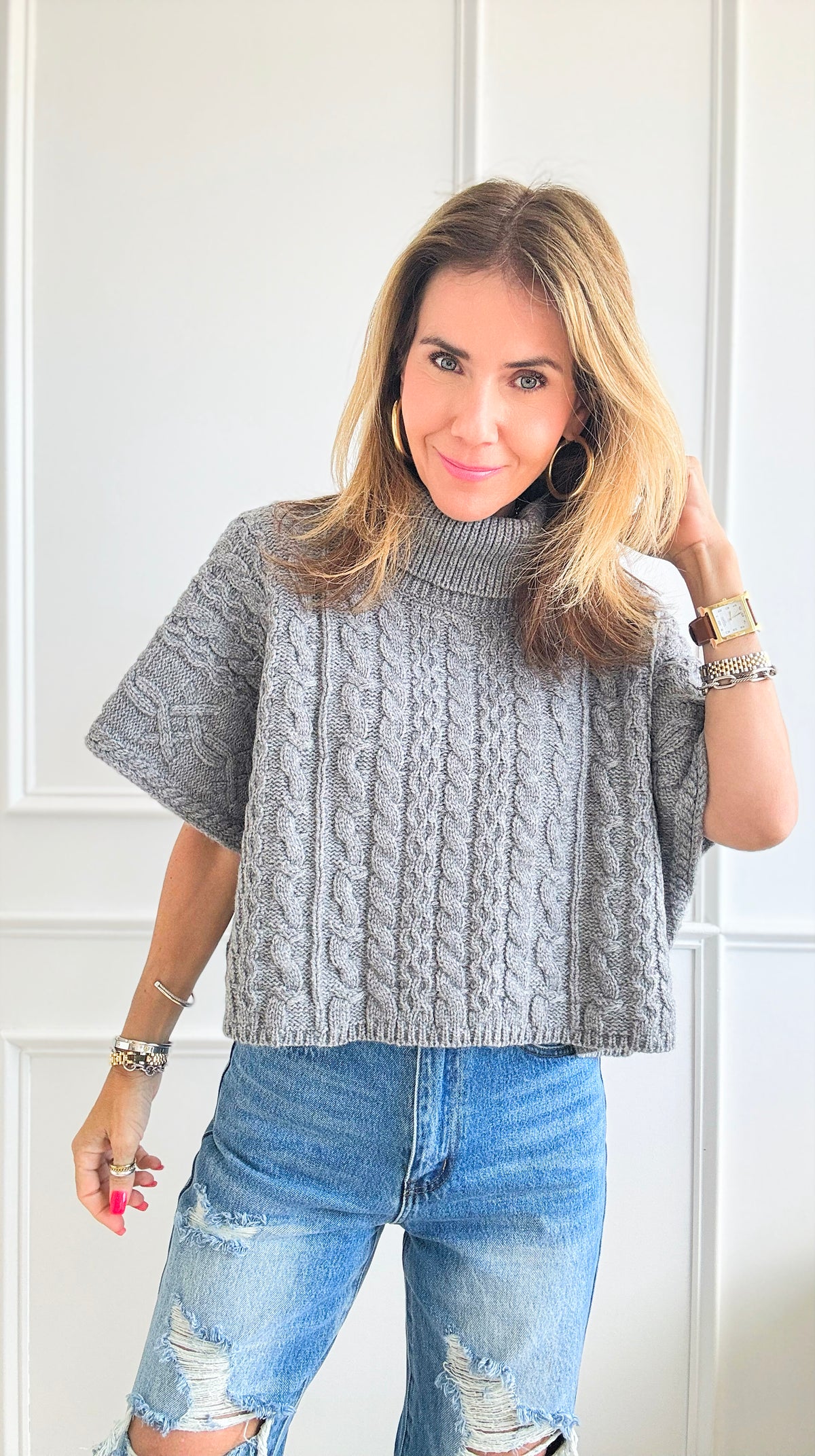 Turtle Neck Cable Knit Sweater - Grey-140 Sweaters-LALAVON-Coastal Bloom Boutique, find the trendiest versions of the popular styles and looks Located in Indialantic, FL