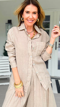 Tuscany Linen Italian Button Top- Taupe