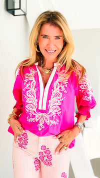Embroidered Escape V-Neck Top - Hot Pink