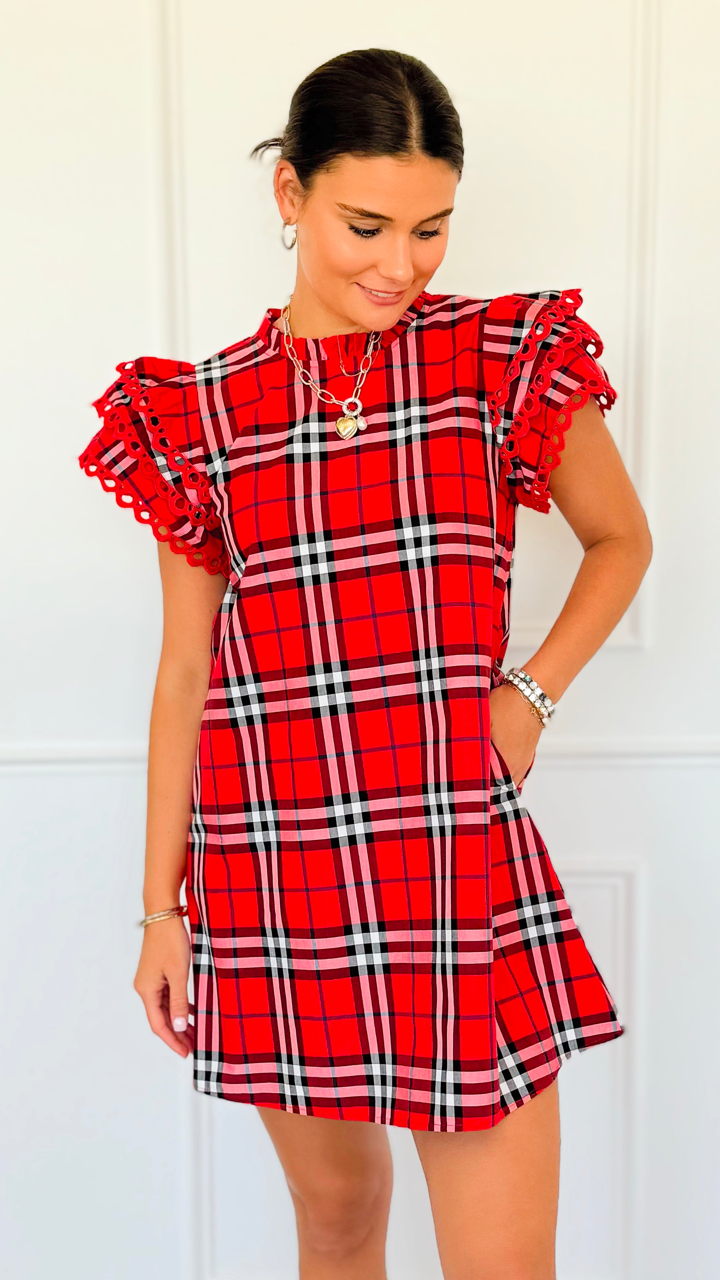 Plaid Ruffle Sleeve Dress - Red Mix-200 Dresses/Jumpsuits/Rompers-Jodifl-Coastal Bloom Boutique, find the trendiest versions of the popular styles and looks Located in Indialantic, FL