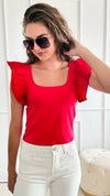 Ruffle Sleeve Knit Top - Red-100 Sleeveless Tops-HYFVE-Coastal Bloom Boutique, find the trendiest versions of the popular styles and looks Located in Indialantic, FL