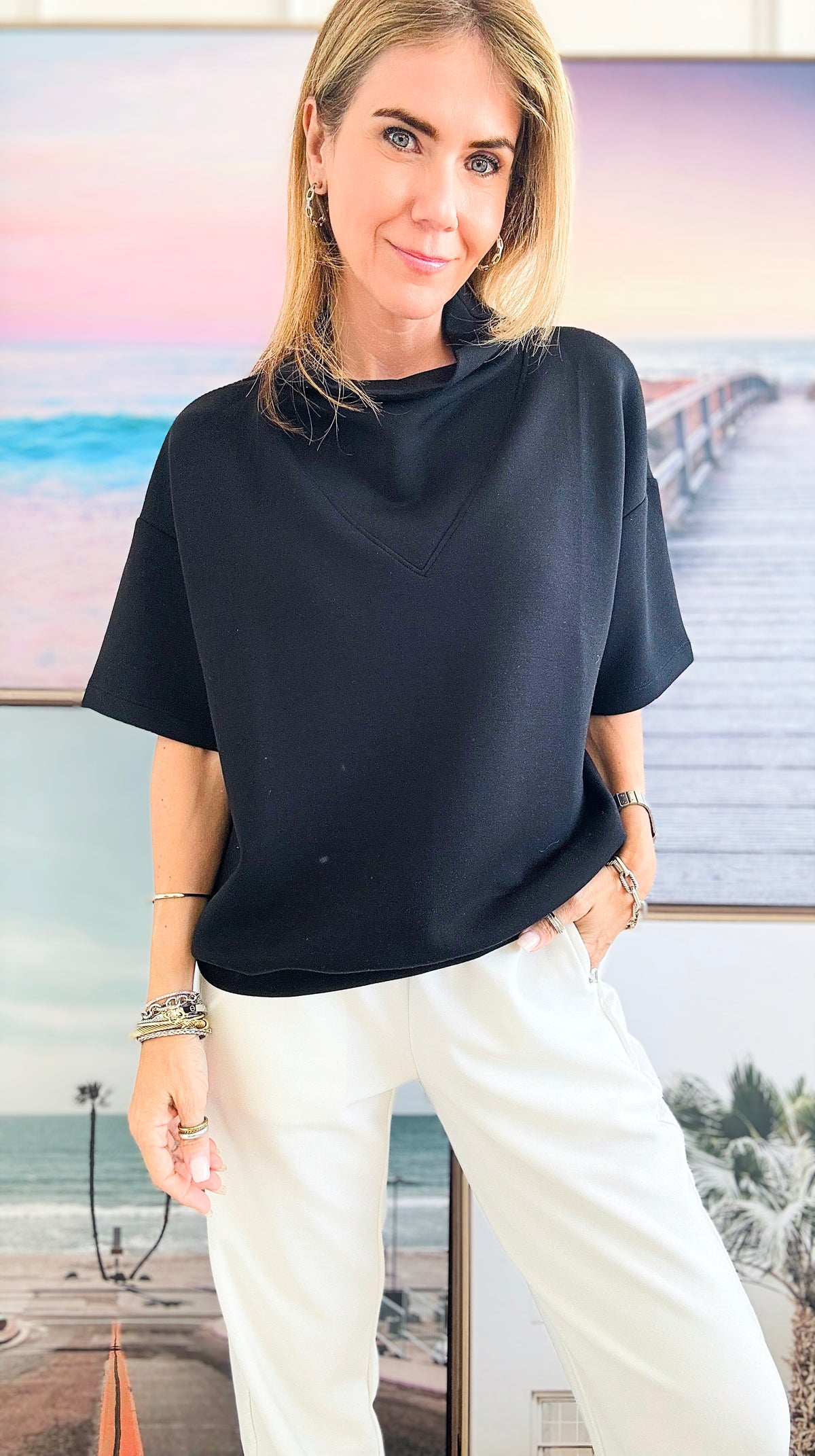 Suave Scuba Cowl Neck Top - Black-110 Short Sleeve Tops-Rae Mode-Coastal Bloom Boutique, find the trendiest versions of the popular styles and looks Located in Indialantic, FL