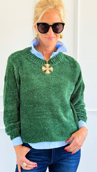 Cuddle Cloud Chenille Sweater - Dk Green-140 Sweaters-Zenana-Coastal Bloom Boutique, find the trendiest versions of the popular styles and looks Located in Indialantic, FL