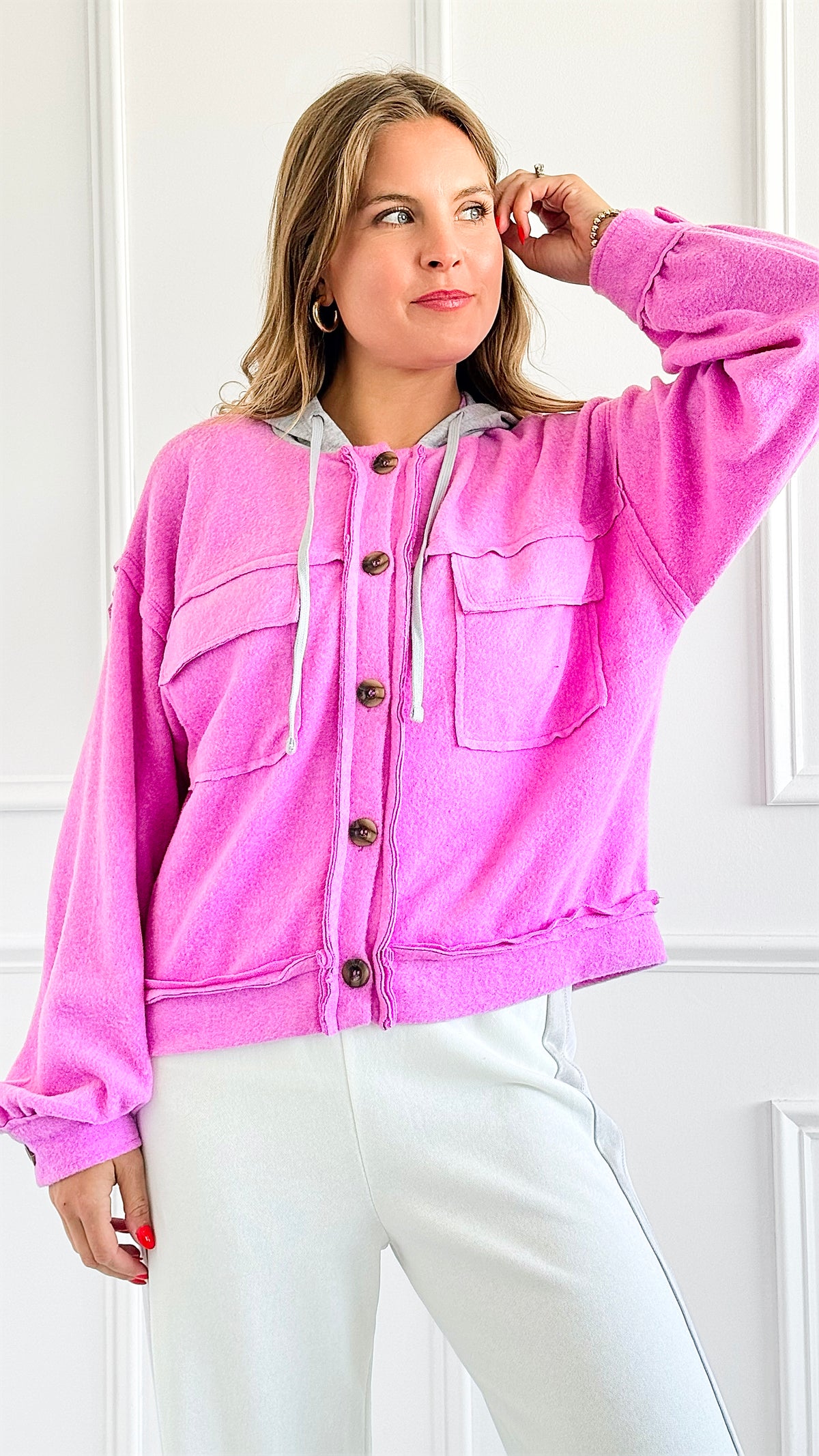 Relaxed Utility Knit Jacket - Bright Mauve-160 Jackets-Zenana-Coastal Bloom Boutique, find the trendiest versions of the popular styles and looks Located in Indialantic, FL