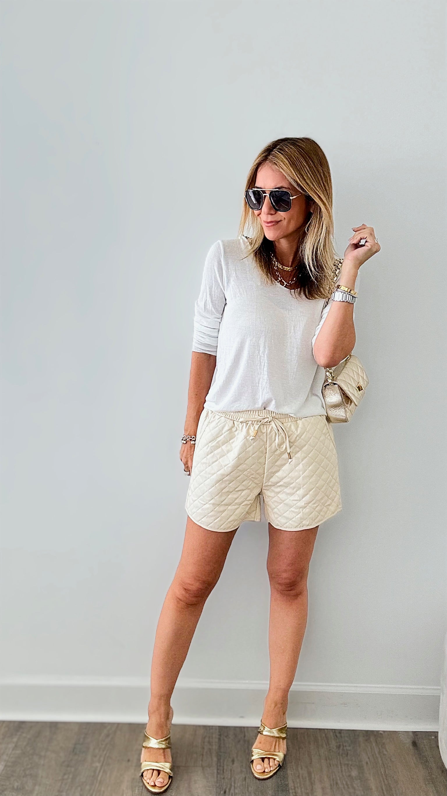 Faux Leather Quilted Shorts - Cream-170 Bottoms-GIGIO-Coastal Bloom Boutique, find the trendiest versions of the popular styles and looks Located in Indialantic, FL