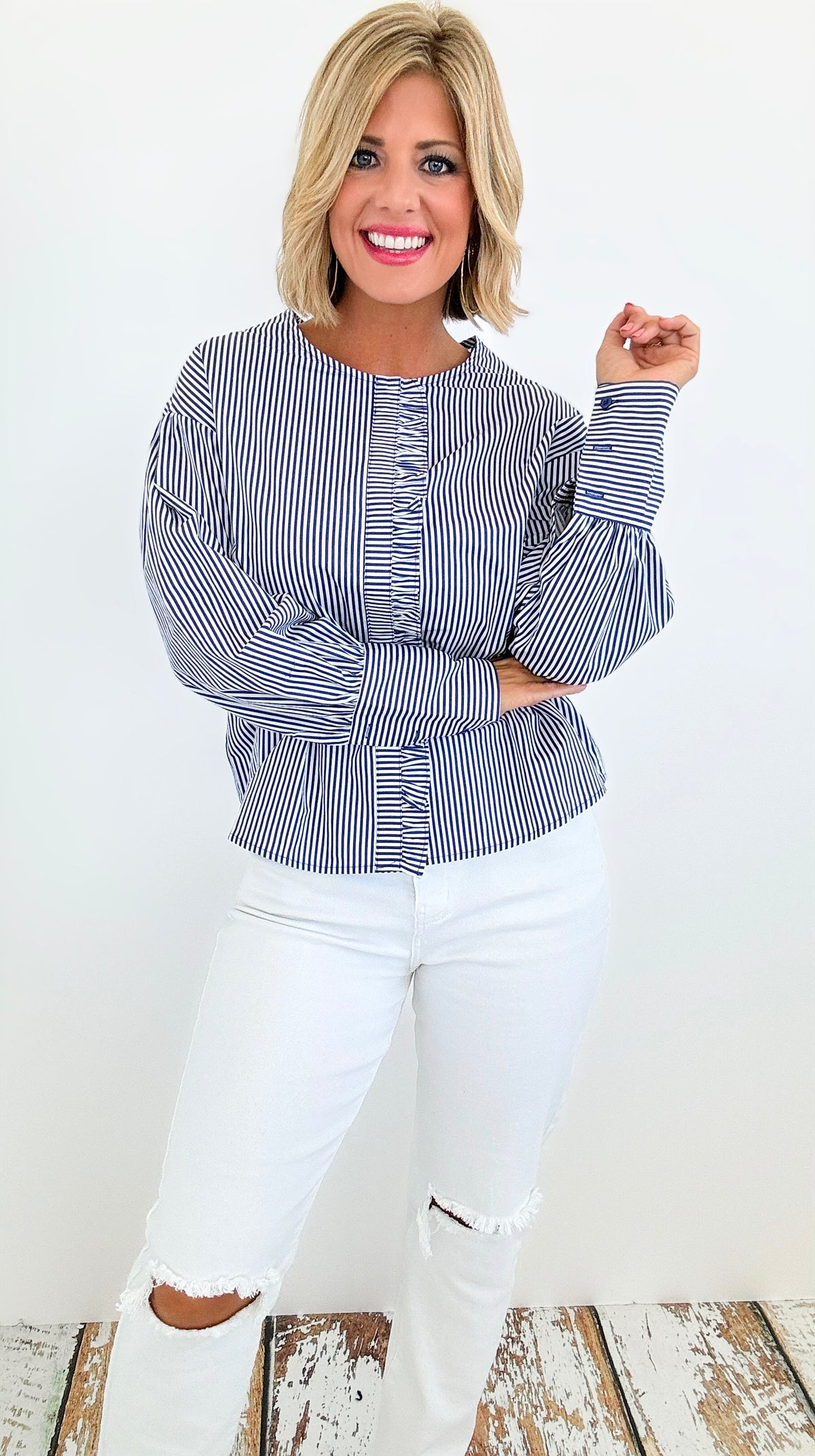 Parisian Stripe Ruffle Blouse - Blue-130 Long Sleeve Tops-ROUSSEAU-Coastal Bloom Boutique, find the trendiest versions of the popular styles and looks Located in Indialantic, FL