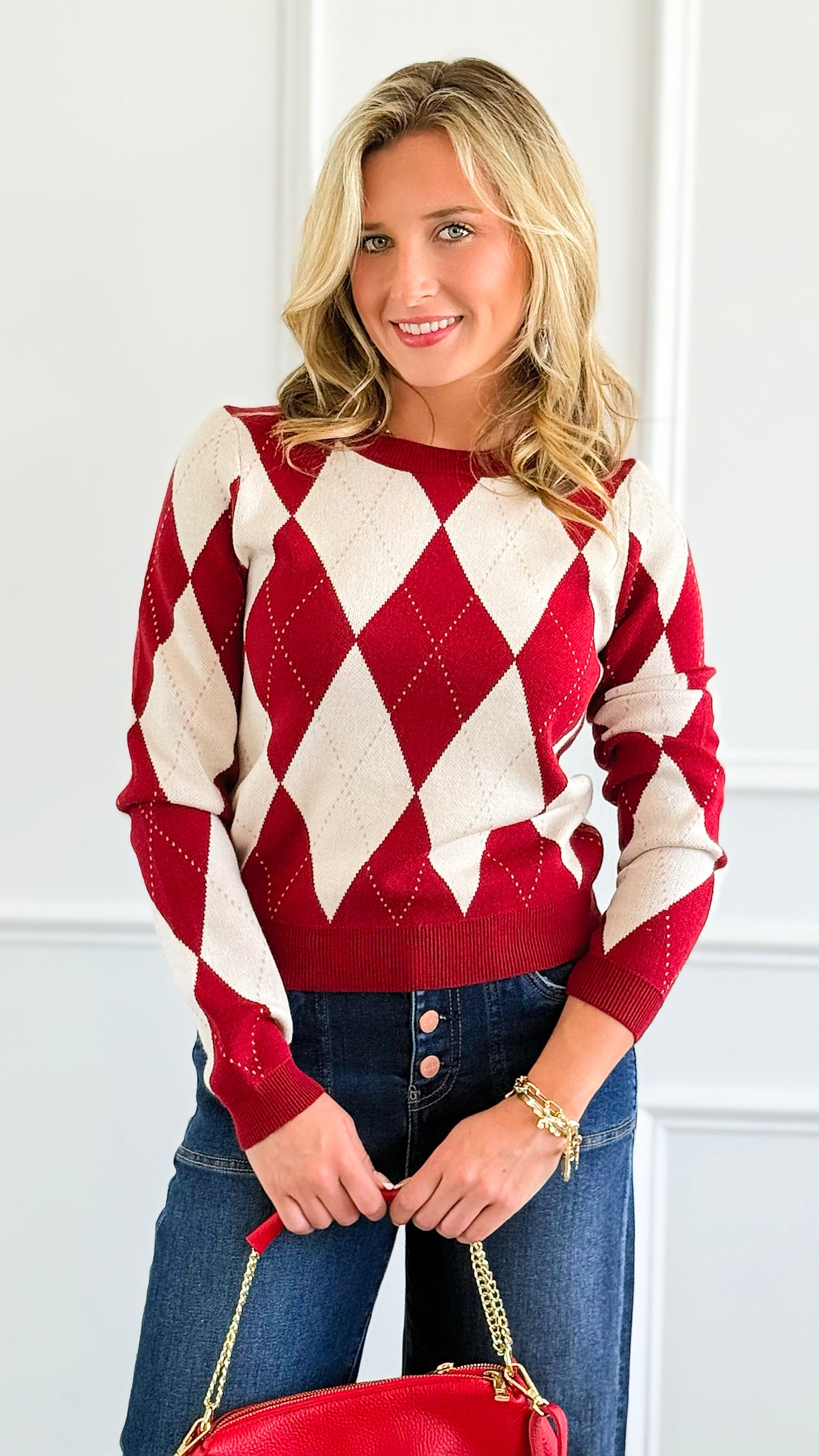 Heritage Charm Argyle Sweater - Burgundy-140 Sweaters-IRIS-Coastal Bloom Boutique, find the trendiest versions of the popular styles and looks Located in Indialantic, FL