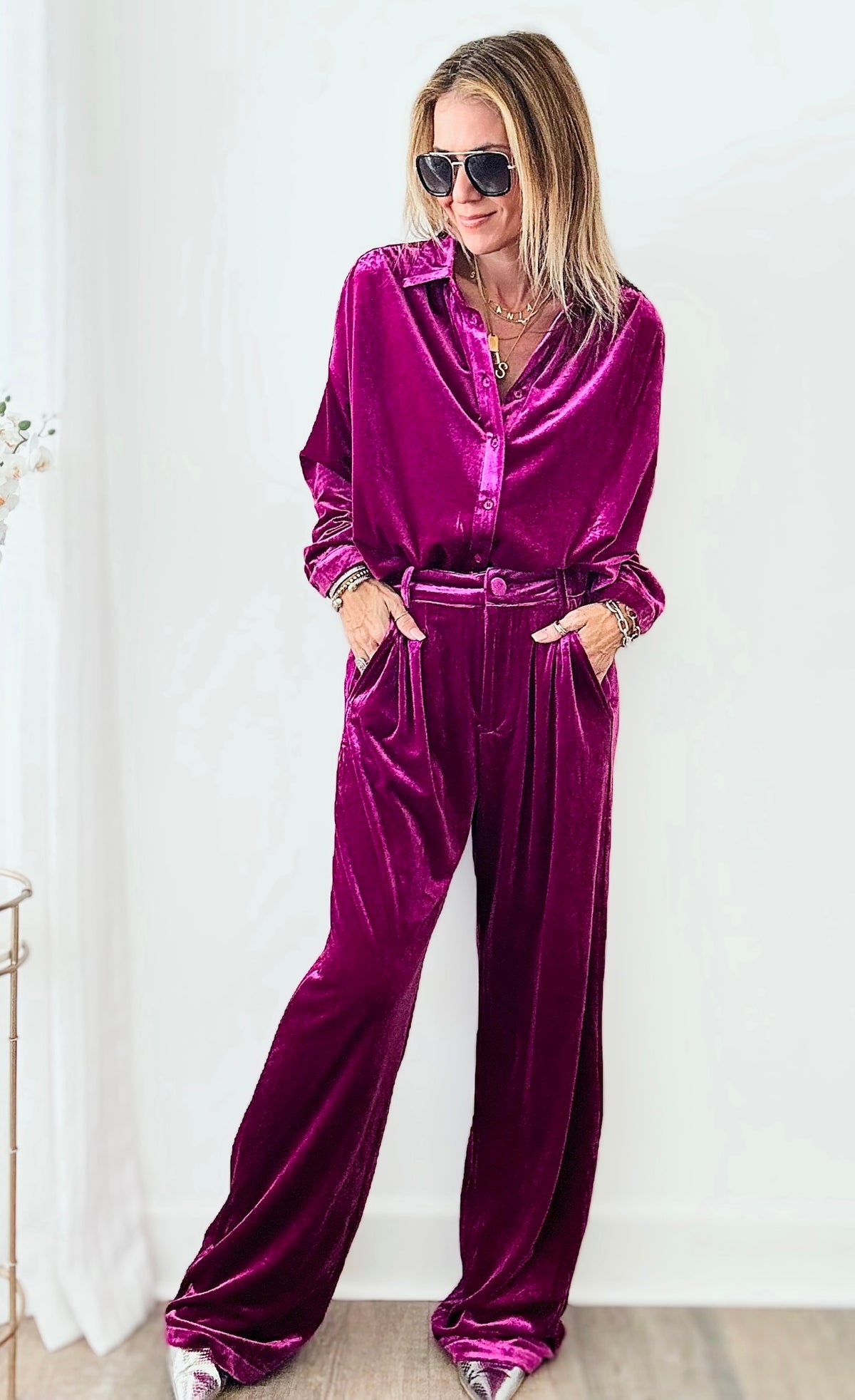 Velvet Wide Leg Pants - Magenta-170 Bottoms-Jodifl-Coastal Bloom Boutique, find the trendiest versions of the popular styles and looks Located in Indialantic, FL
