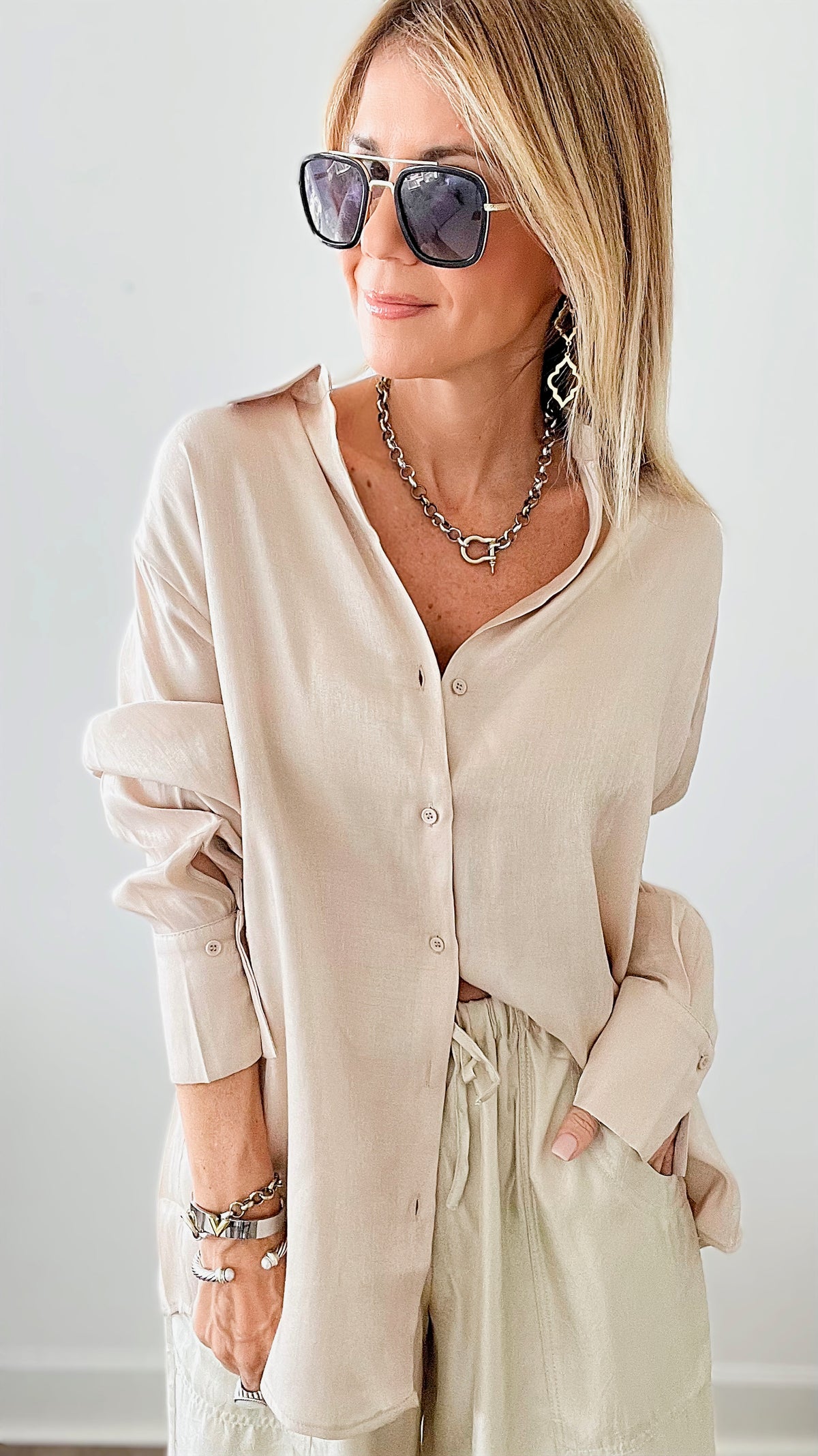 Satin Button Down Top - Butter-MISS LOVE-Coastal Bloom Boutique, find the trendiest versions of the popular styles and looks Located in Indialantic, FL