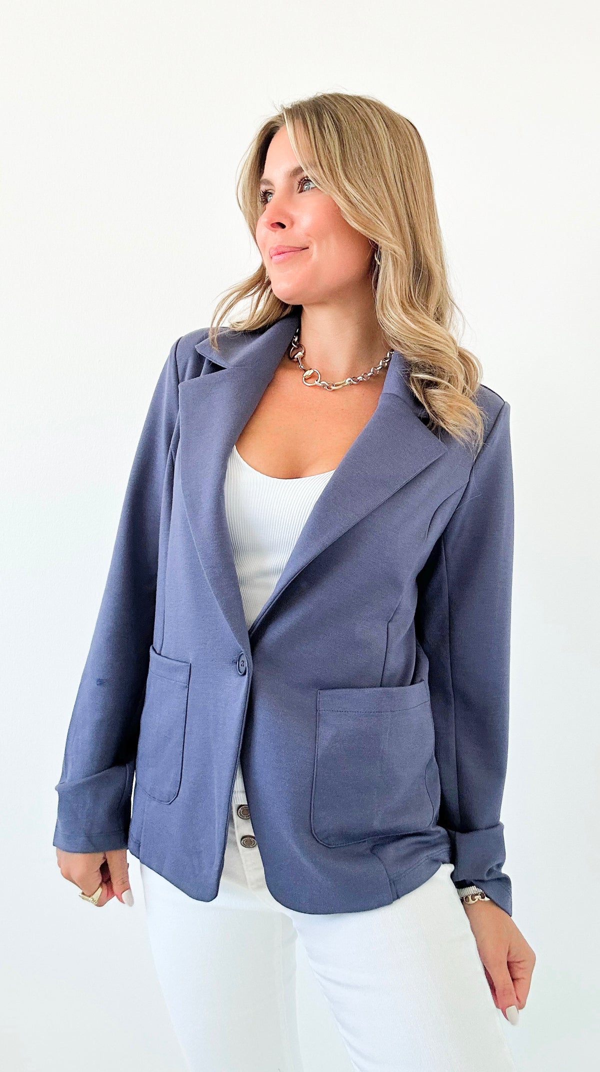 Tailored Ponte Blazer - Slate Blue-160 Jackets-26 INTERNATIONAL-Coastal Bloom Boutique, find the trendiest versions of the popular styles and looks Located in Indialantic, FL