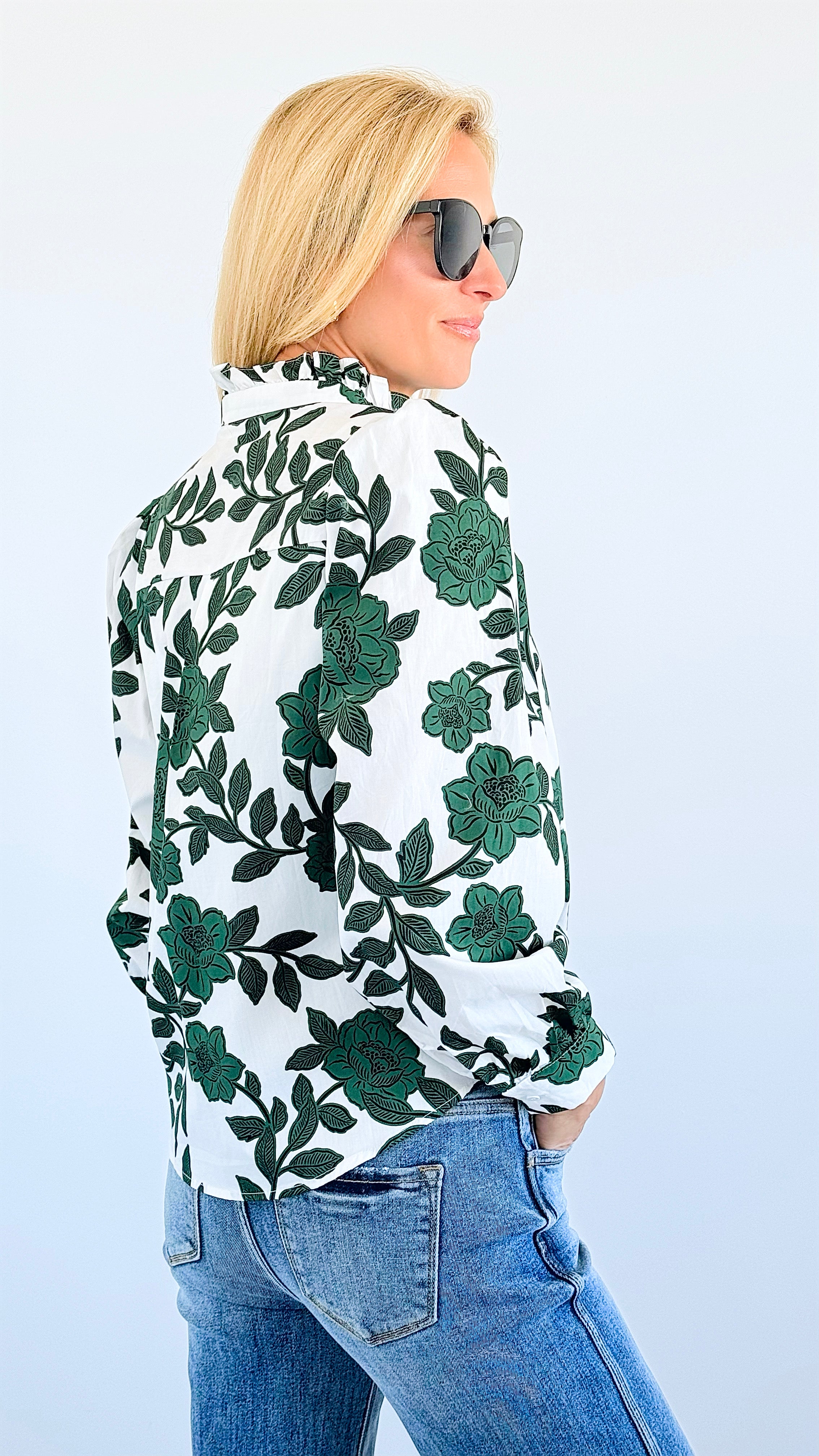 Botanical Chic Ruffle Blouse-130 Long Sleeve Tops-SUGARLIPS-Coastal Bloom Boutique, find the trendiest versions of the popular styles and looks Located in Indialantic, FL