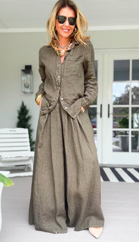 The Finley Linen Italian Pant- Army Green