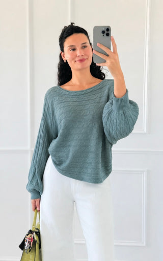 Textured Boat Neck Knit Sweater - Moss