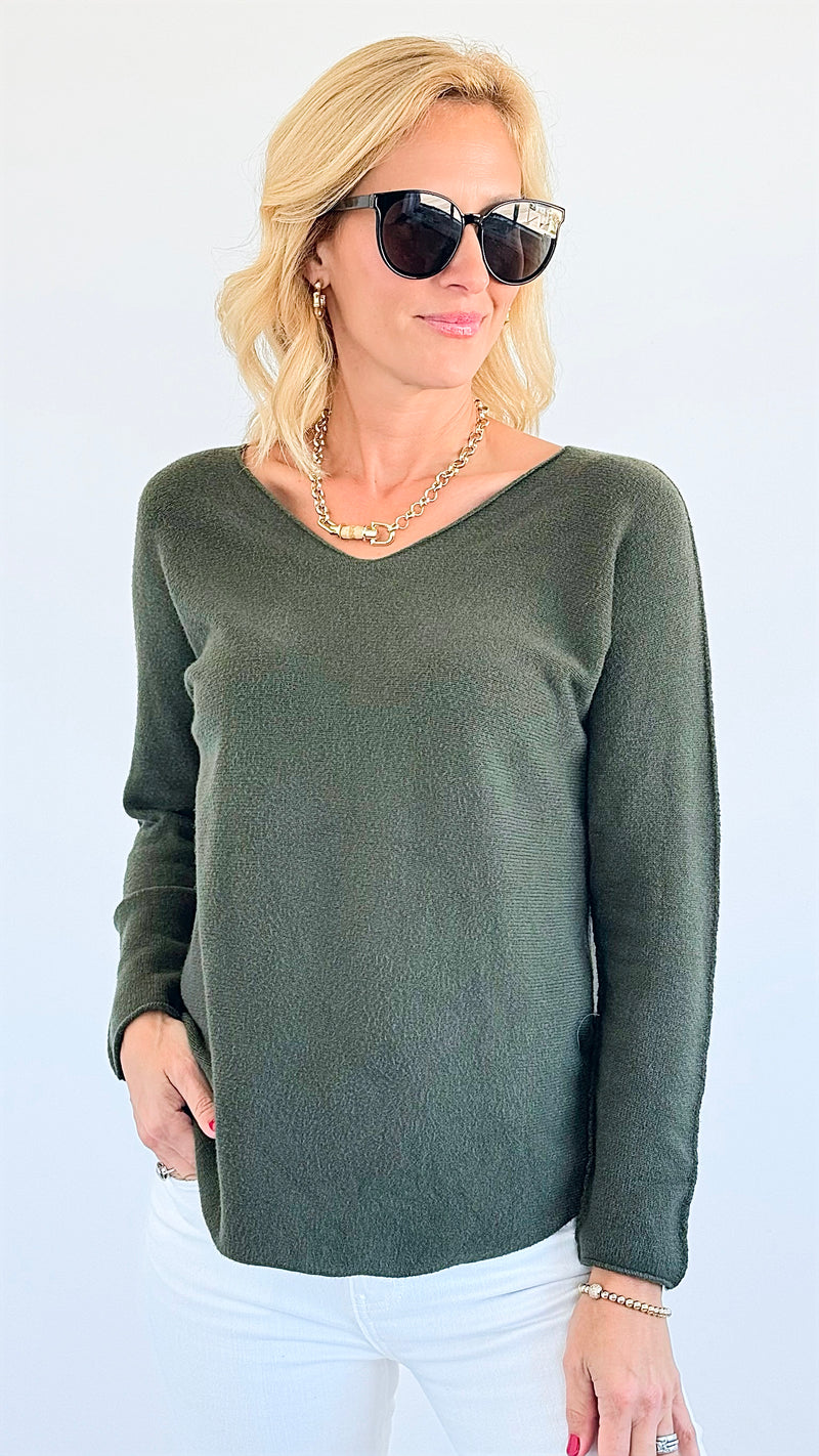 Soho Italian V-Neck Pullover - Olive-140 Sweaters-Italianissimo-Coastal Bloom Boutique, find the trendiest versions of the popular styles and looks Located in Indialantic, FL