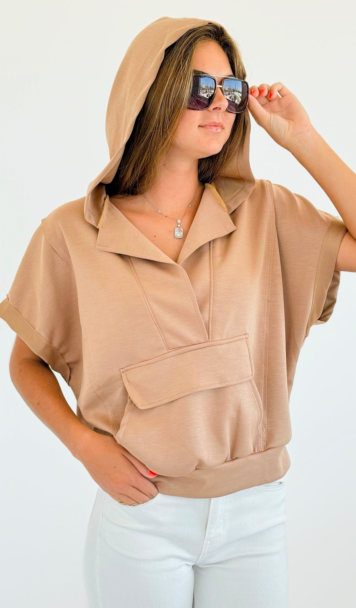 Front Kangaroo Pocket Hoodie Top - Mocha-110 Short Sleeve Tops-BucketList-Coastal Bloom Boutique, find the trendiest versions of the popular styles and looks Located in Indialantic, FL