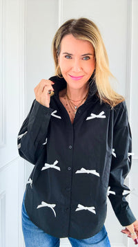 Bow-Tied Bliss Button-Up Top - Black-130 Long Sleeve Tops-JODIFL-Coastal Bloom Boutique, find the trendiest versions of the popular styles and looks Located in Indialantic, FL