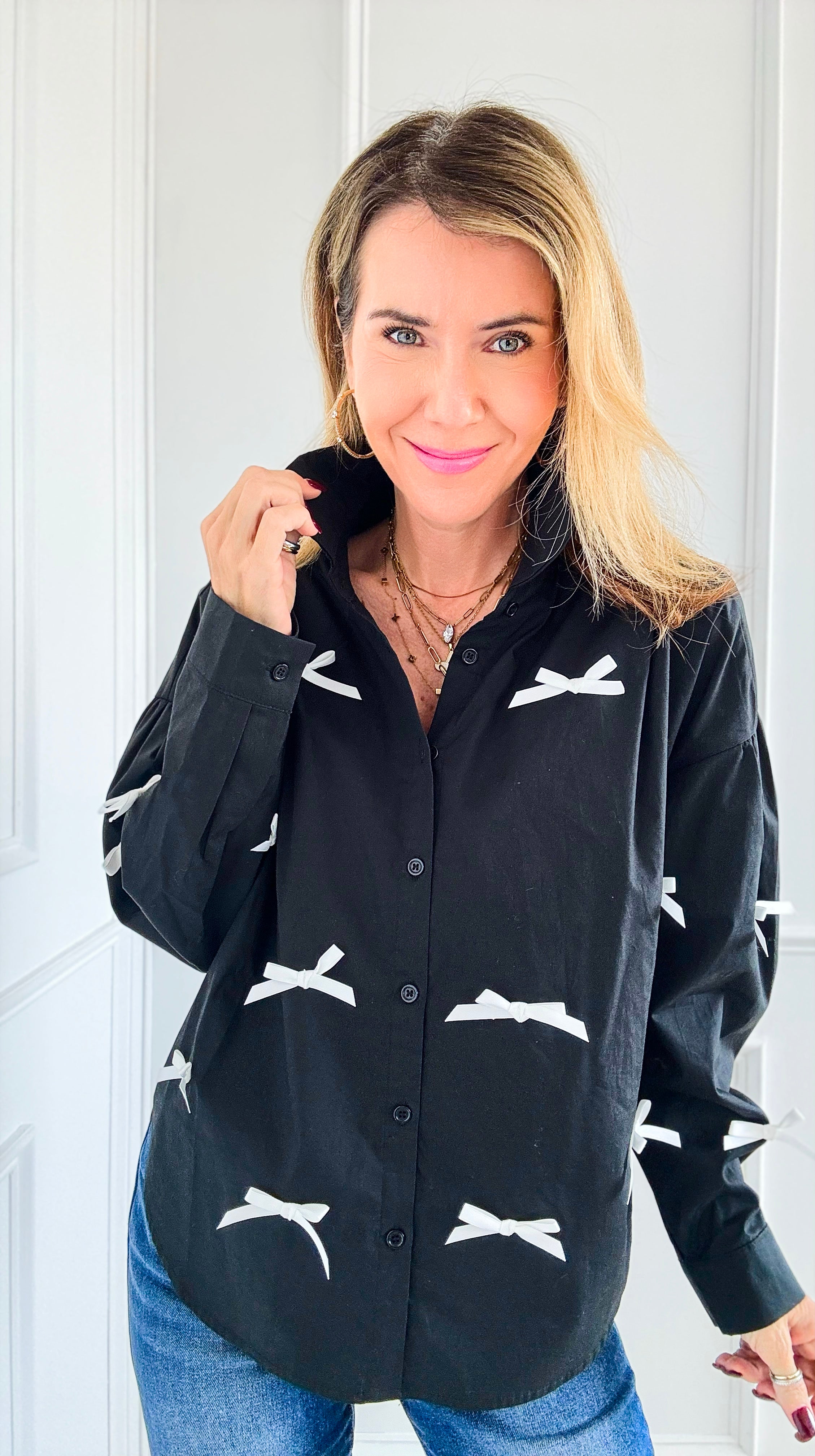 Bow-Tied Bliss Button-Up Top - Black-130 Long Sleeve Tops-JODIFL-Coastal Bloom Boutique, find the trendiest versions of the popular styles and looks Located in Indialantic, FL