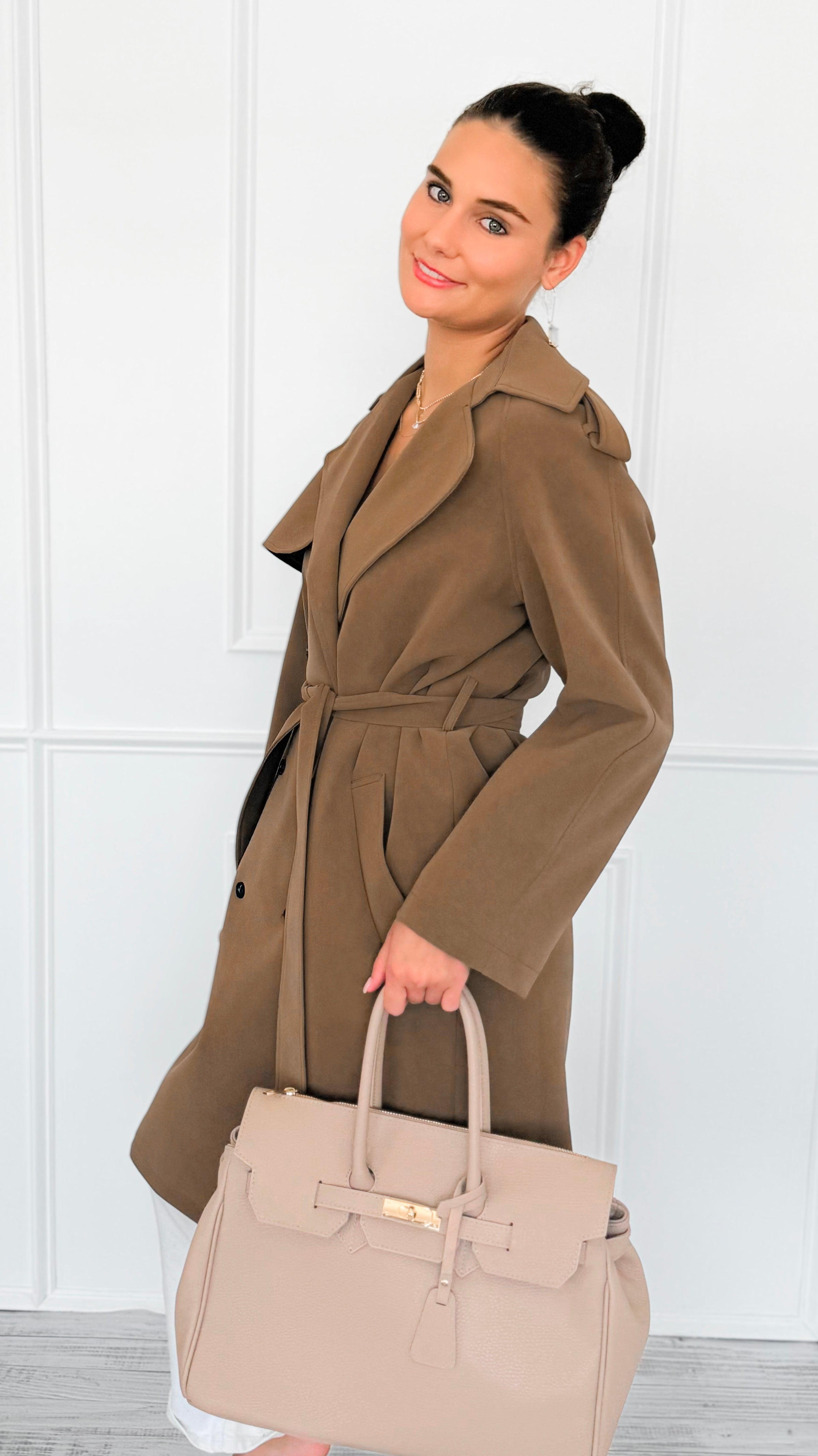Suede Luxe Italian Long Trench Coat-160 Jackets-KZ SENA-Coastal Bloom Boutique, find the trendiest versions of the popular styles and looks Located in Indialantic, FL