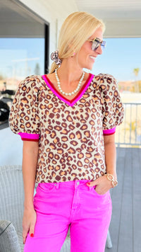 Leopard Puff Sleeve V-Neck Sweater
