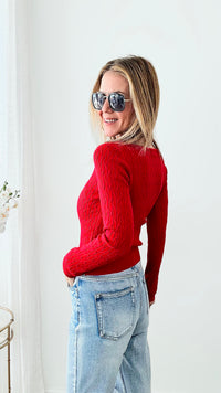 Ribbed V Neck Sweater - Red-140 Sweaters-Michel-Coastal Bloom Boutique, find the trendiest versions of the popular styles and looks Located in Indialantic, FL