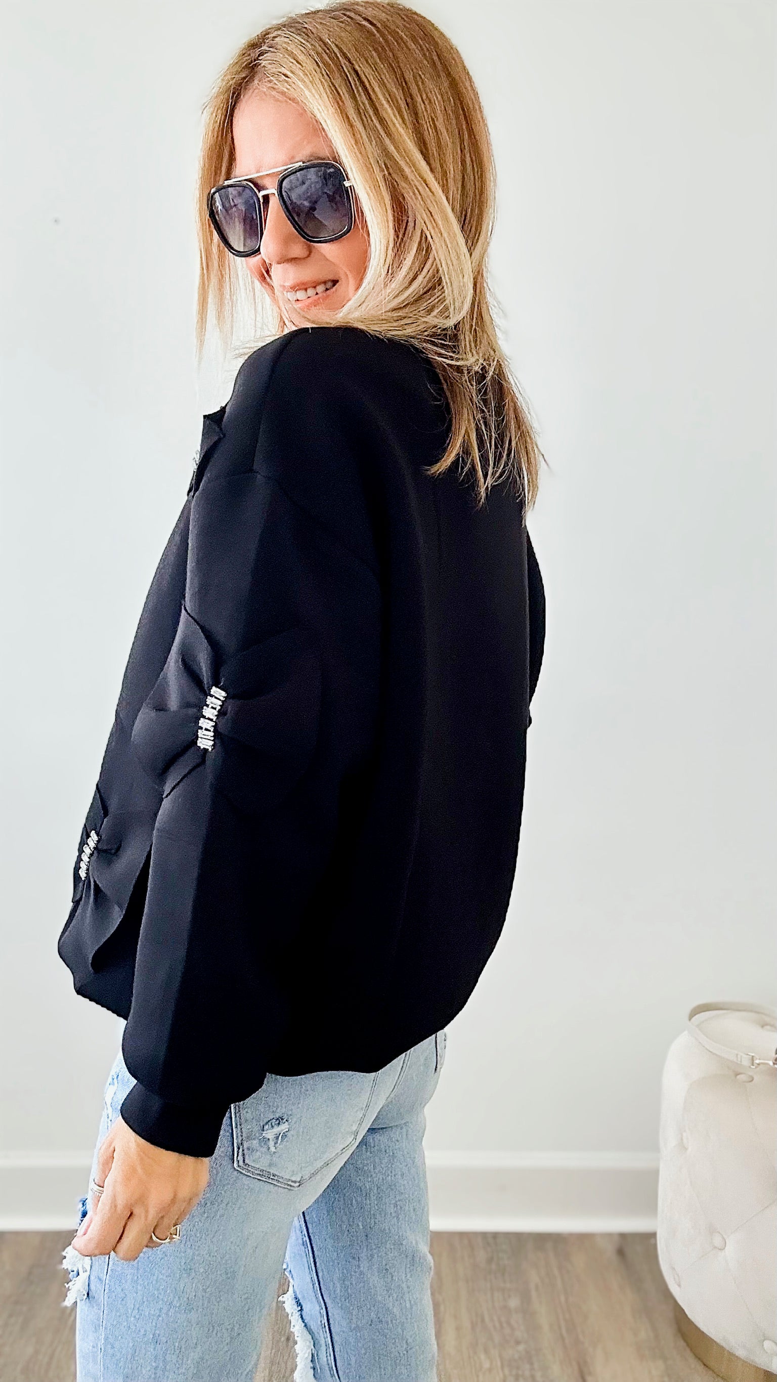 Fiora French Scuba Ribbon-Bow Sweatshirt - Black-130 Long Sleeve Tops-Joh Apparel-Coastal Bloom Boutique, find the trendiest versions of the popular styles and looks Located in Indialantic, FL