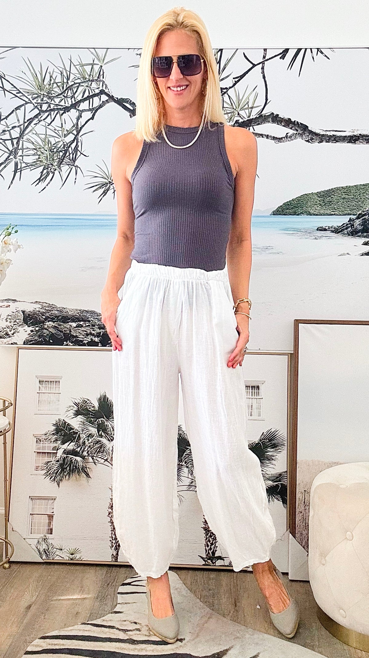 Tapered leg Italian Linen Pant - White-pants-moda italia-Coastal Bloom Boutique, find the trendiest versions of the popular styles and looks Located in Indialantic, FL