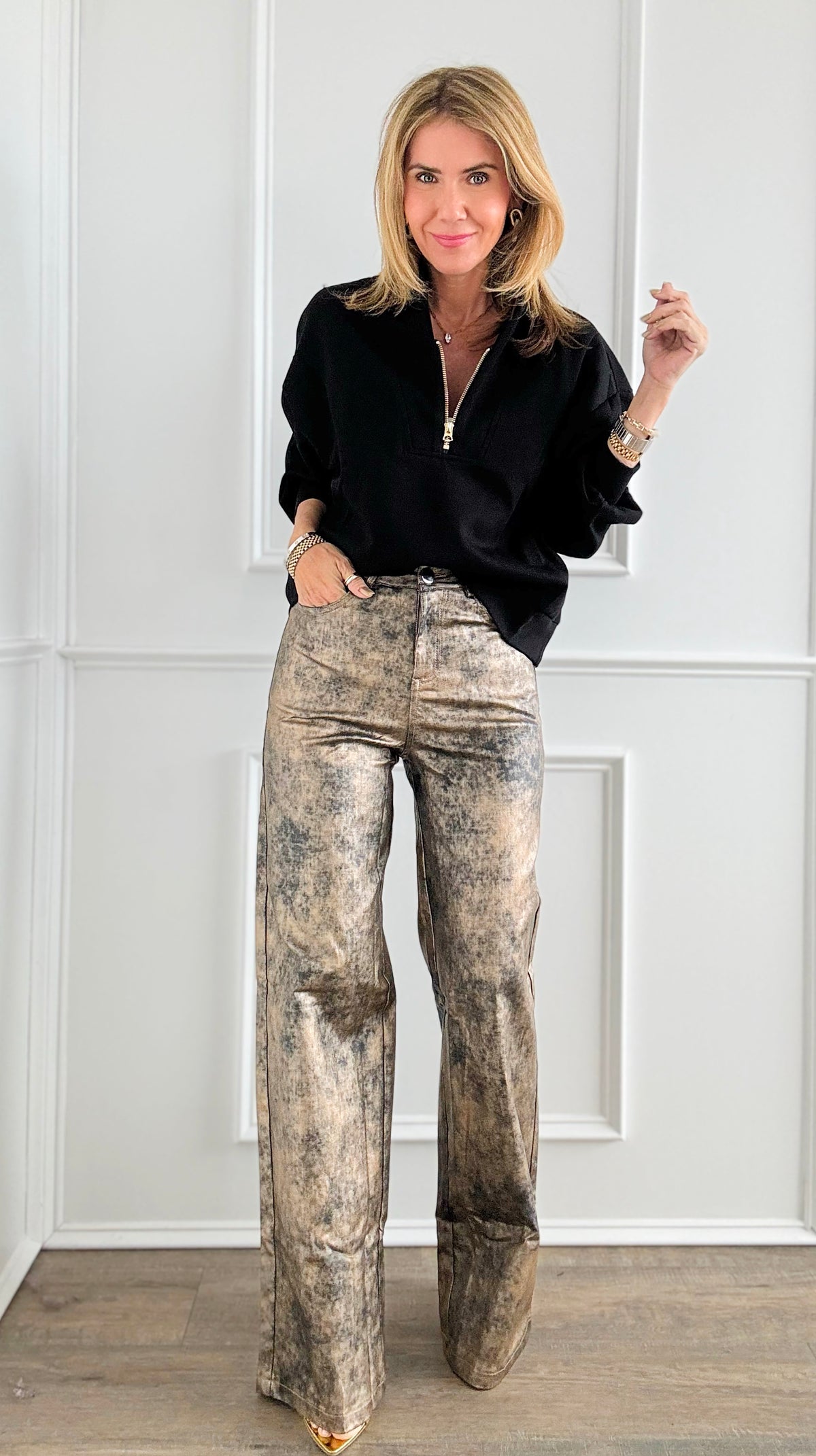 Galactic Dust Wide-Leg Pants - Gold-170 Bottoms-MUY MUY FANCY-Coastal Bloom Boutique, find the trendiest versions of the popular styles and looks Located in Indialantic, FL