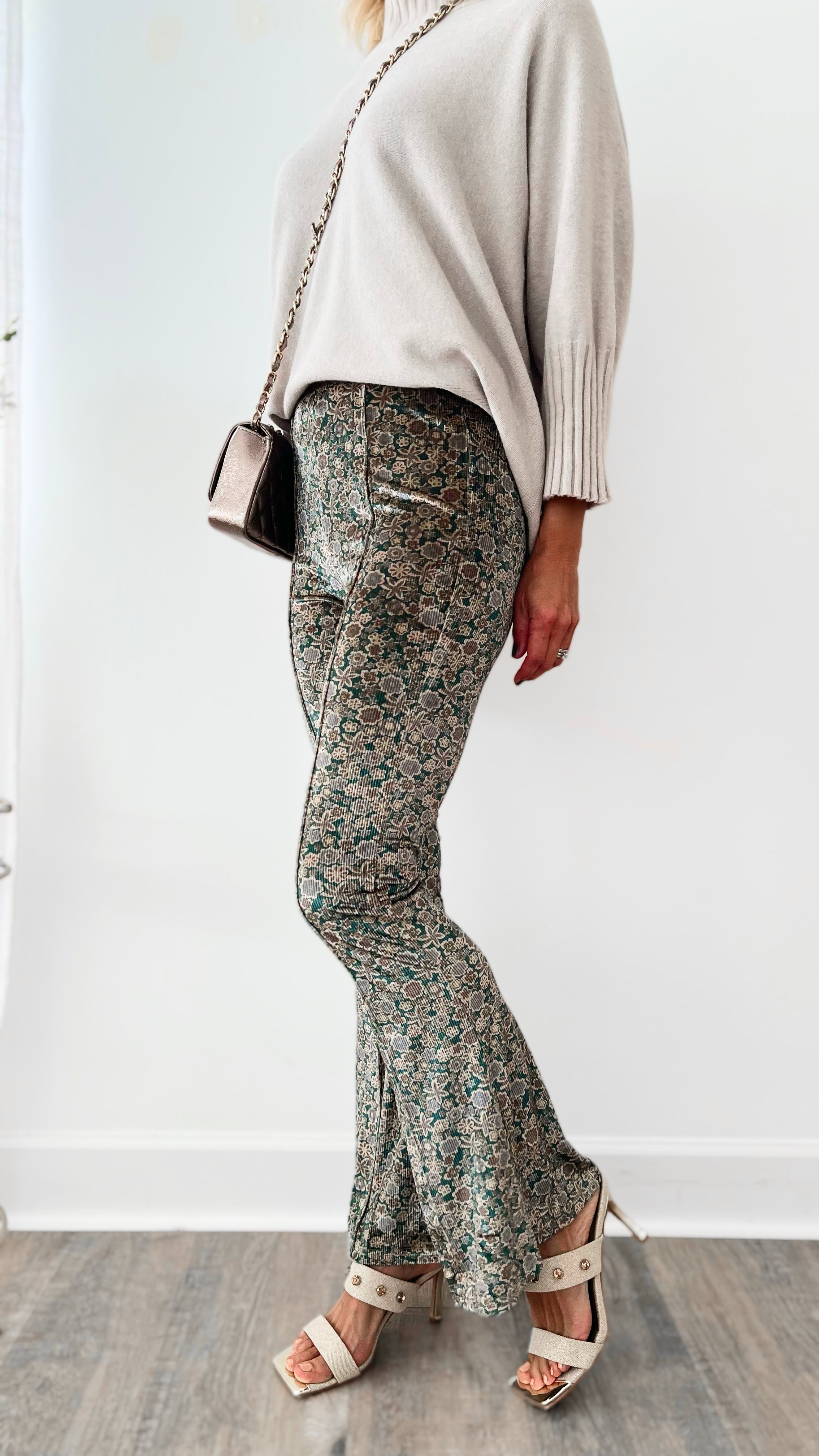 Ditsy Floral Velvet High-Rise Stretchy Flare Pants-170 Bottoms-GIGIO-Coastal Bloom Boutique, find the trendiest versions of the popular styles and looks Located in Indialantic, FL