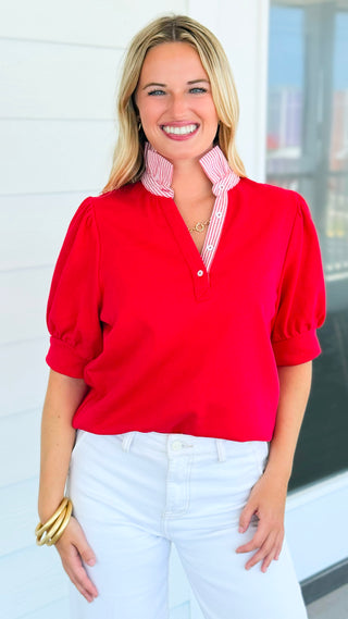 Classic Contrast Collar Blouse - Red