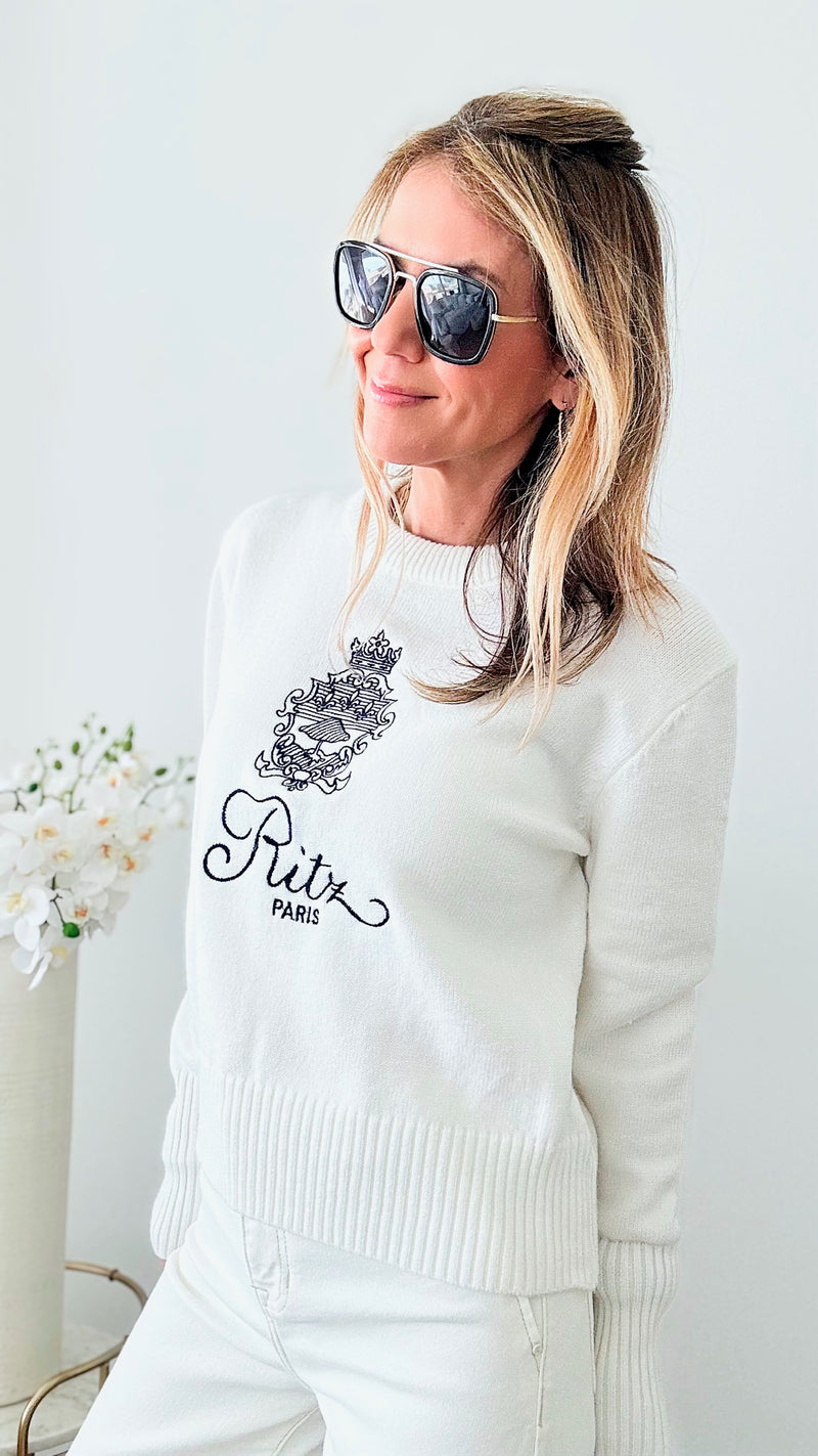 Paris Embroidery Knit Sweater - White-130 Long Sleeve Tops-Chasing Bandits-Coastal Bloom Boutique, find the trendiest versions of the popular styles and looks Located in Indialantic, FL