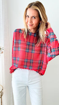 St Tropez Festive Plaid Italian Knit Sweater-140 Sweaters-Italianissimo-Coastal Bloom Boutique, find the trendiest versions of the popular styles and looks Located in Indialantic, FL